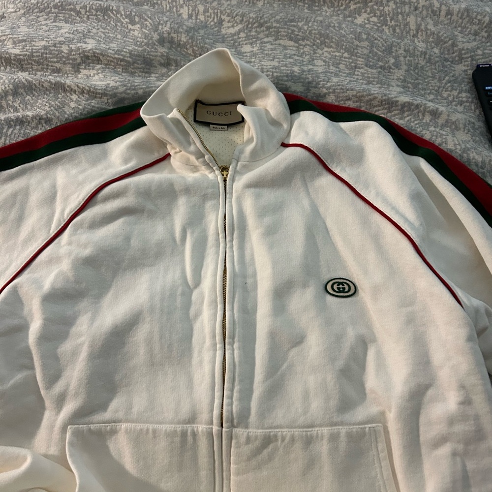 Gucci Cream Zip-Up Men's Sweater with Red and Green Stripes